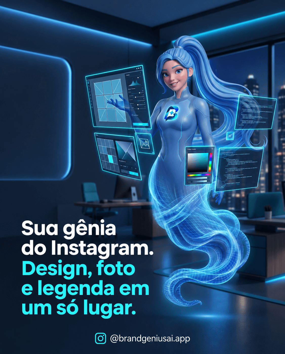 A dark Brand Genius AI post featuring its blue genie character and glowing brand colours.